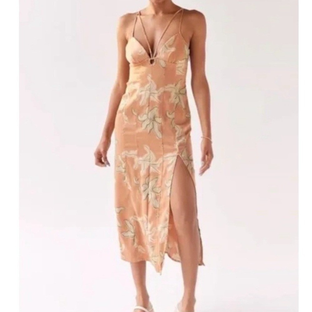 Urban Outfitters Peach Lily Floral Midi Dress V-Neck Slit Strappy Back Small